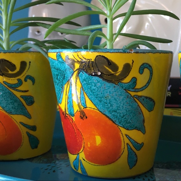 3 Mini Vintage Planter Pots Italy Majolica Painted Cherries Handmade Yellow Red - Picture 15 of 15